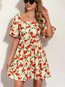 Robe Femme Vintage Français Imprimé Floral Manches Bouffantes Col Carré Taille Haute Coupe Trapèze Mini Robe d'Été Plage
