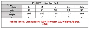 Size chart for women's high-waisted wide leg trousers with waist and length in cm