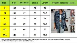 Detailed size chart for women's leopard print corduroy jacket with measurements in cm