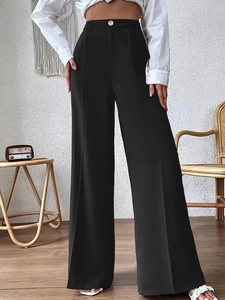 Women Elegant High Waist Wide Leg Suit Pants Solid Color Straight Leg Trousers With Pockets For Office Lady Work Wear