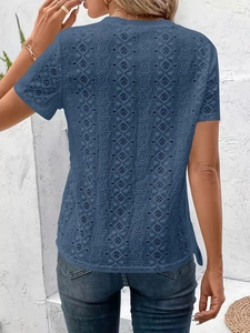 Peacock blue hollow out short sleeve T-shirt for women with geometric floral lace pattern