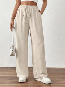 Women Plus Size Wide Leg Casual Pants High Waisted Elastic Drawstring Long Trousers Solid Color Textured Pleated Summer Vacation Pants