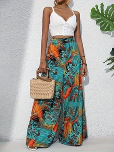 Pantalon Large Femme Imprimé Feuilles de Palmier Tropicales Taille Haute Décontracté Fluide pour Vacances Plage