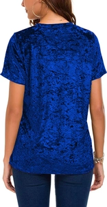 Vue arrière d'un t-shirt femme à manches courtes en velours frappé bleu marine brillant