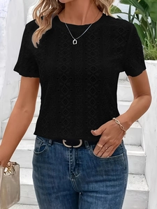 Slim fit black short sleeve t-shirt for women with elegant floral lace hollow out design