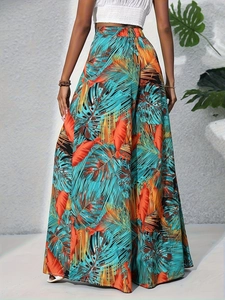Pantalon large taille haute pour femmes avec imprimé tropical de feuilles de palmier