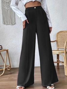 Elegant high-waisted wide leg trousers in black with button closure and front crease