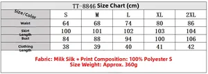 Detailed size chart for floral print T-shirt and skirt set showing dimensions from S to 2XL