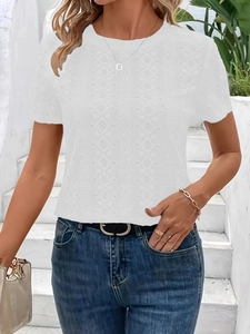 Women's white short sleeve hollow lace t-shirt with geometric flower pattern top
