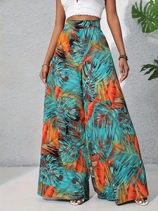 Pantalon large à imprimé tropical pour femmes avec taille haute style de vacances