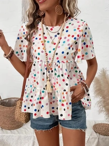 Women Casual Polka Dot Print T-Shirt Round Neck Flutter Sleeve Tiered Ruffle Hem Bohemian Summer Loose Babydoll Top
