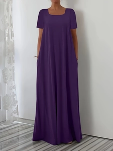 Detail view of deep purple short sleeve maxi dress with side pockets and a square neckline