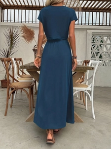 Women's dark blue two-piece set featuring short sleeve t-shirt and high waist long skirt