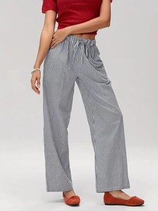Pantalon large taille haute pour femme avec rayures verticales et cordon de serrage