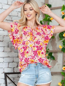 Floral V-neck blouse with ruffled short sleeves and tie-up neckline for women