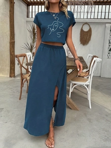 Women's summer two-piece navy blue crop top and high slit maxi skirt with line art
