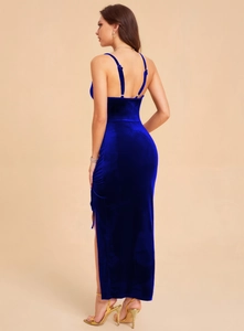 Detail view of royal blue velvet evening dress with slim fit and high side slit