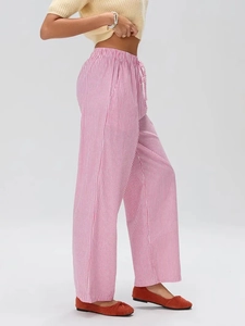 Pantalon large à taille haute pour femmes avec rayures roses et blanches et cordon de serrage