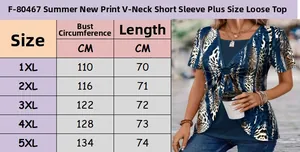 Size chart for women's plus size V-neck printed T-shirt with chest measurements and length