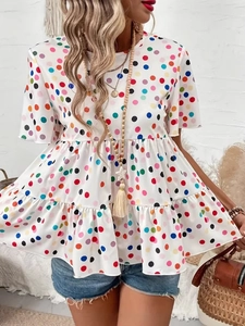 Women's summer polka dot babydoll t-shirt with ruffled hem and colorful dot print