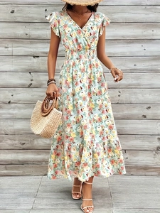 Women Floral Print Maxi Dress V-Neck Flutter Sleeve Smocked High Waist Bohemian Summer Vacation A-Line Polyester Long Dress