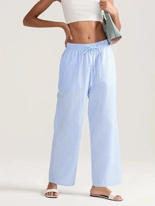 Pantalon large taille haute pour femme avec rayures verticales bleu clair et cordon