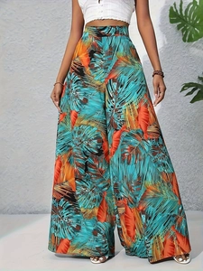 Pantalon large taille haute pour femme avec imprimé feuilles tropicales style vacances