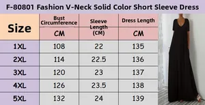 Size chart for V-neck plus size maxi dress showing measurements from 1XL to 5XL