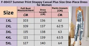 Detailed size guide for plus size women floral jumpsuit with measurements from 1XL to 5XL
