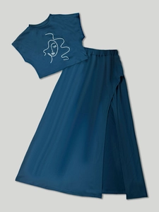 Women's chic two-piece set featuring a short navy T-shirt and high slit maxi skirt