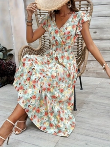 Floral print V-neck midi dress with smocked waist and ruffled sleeves in mint green