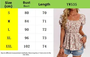 Size chart for women's floral square neck top showing bust and length in cm
