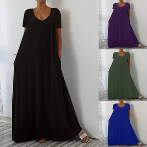Detail view of v-neck maxi dress showing side pockets and four different color options
