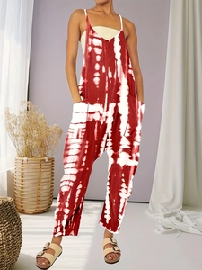 Women's red and white tie-dye sleeveless wide-leg jumpsuit with large pockets
