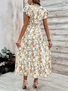 Boho floral v-neck maxi dress with ruffled sleeves and elastic high waist back view