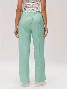 Vue arrière du pantalon large à rayures vertes et blanches avec taille haute élastique