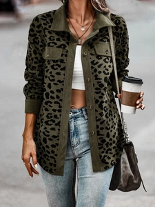 Olive green leopard print corduroy jacket with front pockets and button-down style
