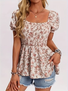 Floral puff sleeve top with square neck paired with light blue denim shorts for summer