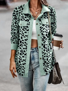 Women's mint green leopard print corduroy jacket with front pockets and buttons