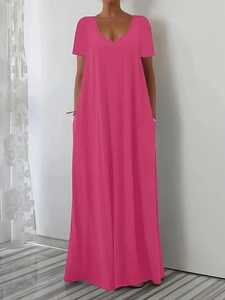Detailed view of women's V-neck maxi dress in dark pink with short sleeves and A-line cut