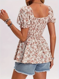 Floral puff sleeve square neck blouse with smocked back and apricot floral print
