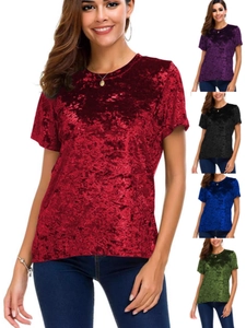 T-Shirt Décontracté en Velours Froissé pour Femmes Été Manches Courtes Col Rond Velours Doré Coupe Ample Couleur Unie Top