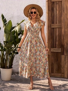 Summer V-neck floral print maxi dress in light blue with flutter sleeves and smocked waist