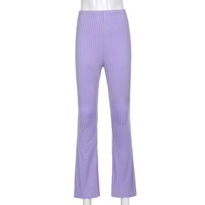 Close-up of lavender high-waisted ribbed flare pants on a white mannequin torso