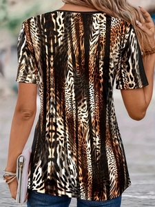 Back view of a leopard print short sleeve top with a classic animal pattern and V-neck cut