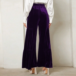 Back view of high-waist deep purple velvet wide-leg trousers with tiered ruffle layers