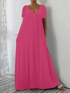 Women's summer V-neck short sleeve maxi dress in vibrant magenta pink, loose fit style