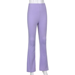 Detail shot of purple high waisted flare pants with ribbed knit texture and elastic band