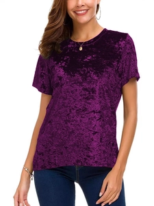 T-shirt décontracté pour femme en velours violet foncé avec col rond et relief