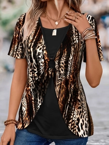 Women's leopard print v-neck t-shirt with black O-ring detail and layered design